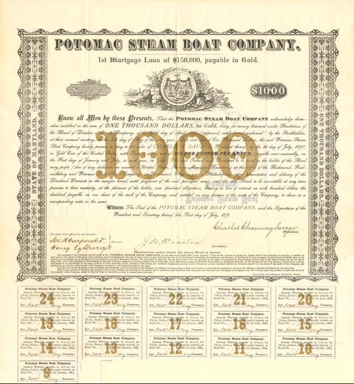 Potomac Steam Boat Co. - $1,000 - Bond (Uncanceled)